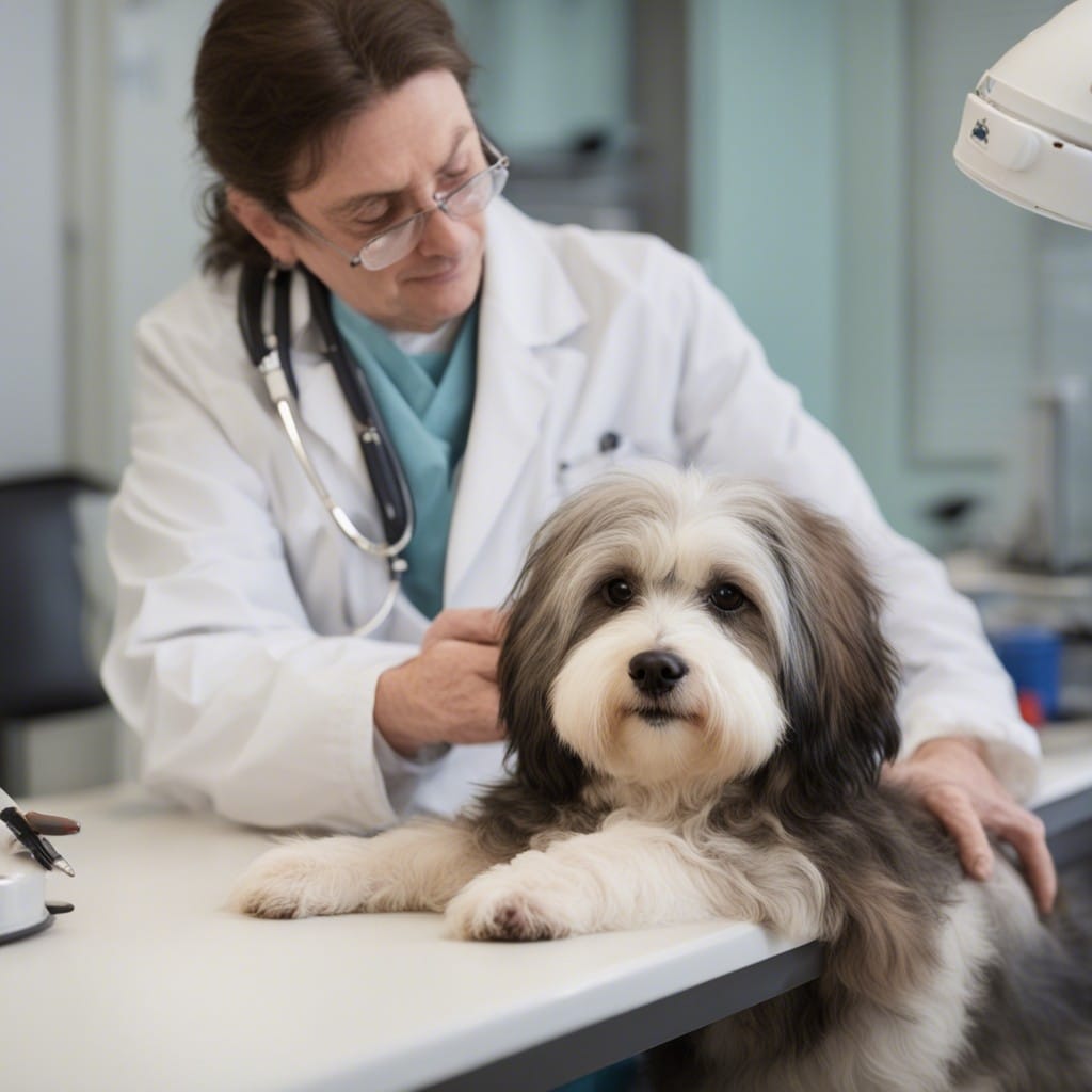 A Havanese dog is being examined by a veterinarian.