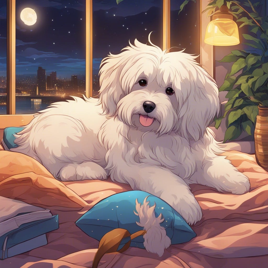 A white dog laying on a bed at night.