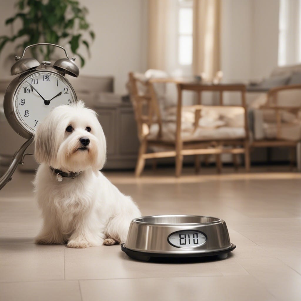 A white dog sits next to a dog bowl and an alarm clock.