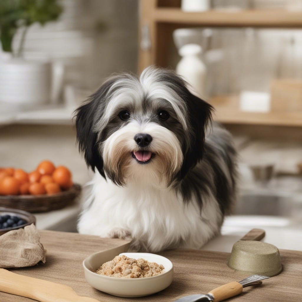A black and white dog standing in front of a bowl of food.