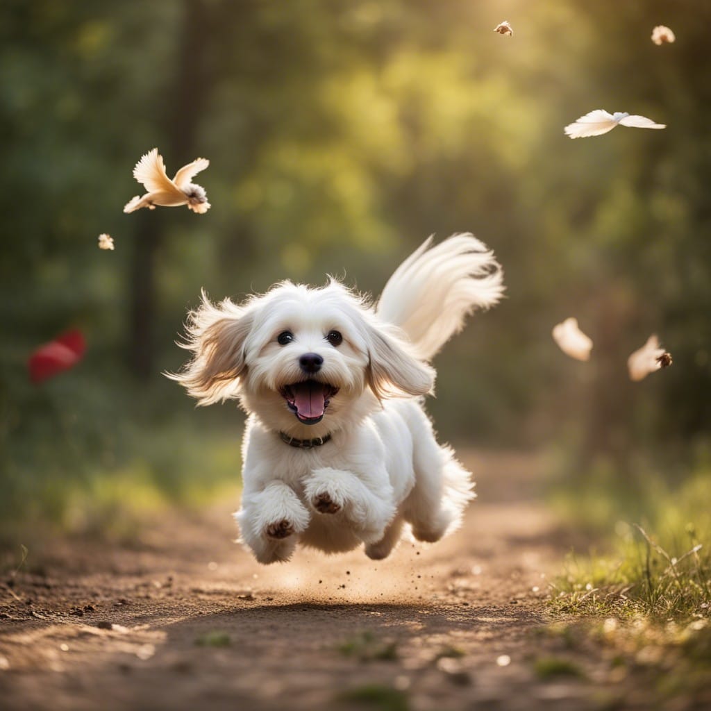 A white dog running through a forest with birds flying around it.