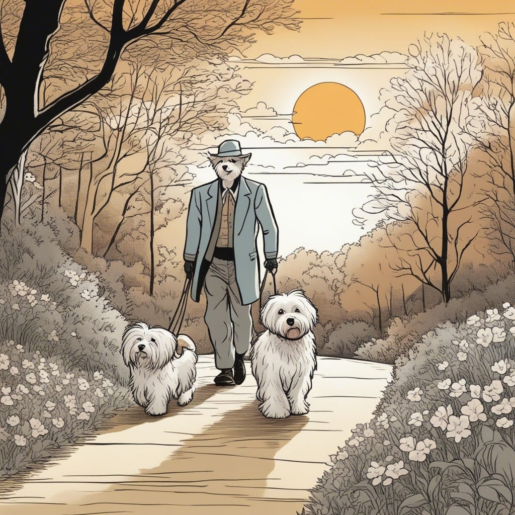 An illustration of a man walking his dogs in the woods.