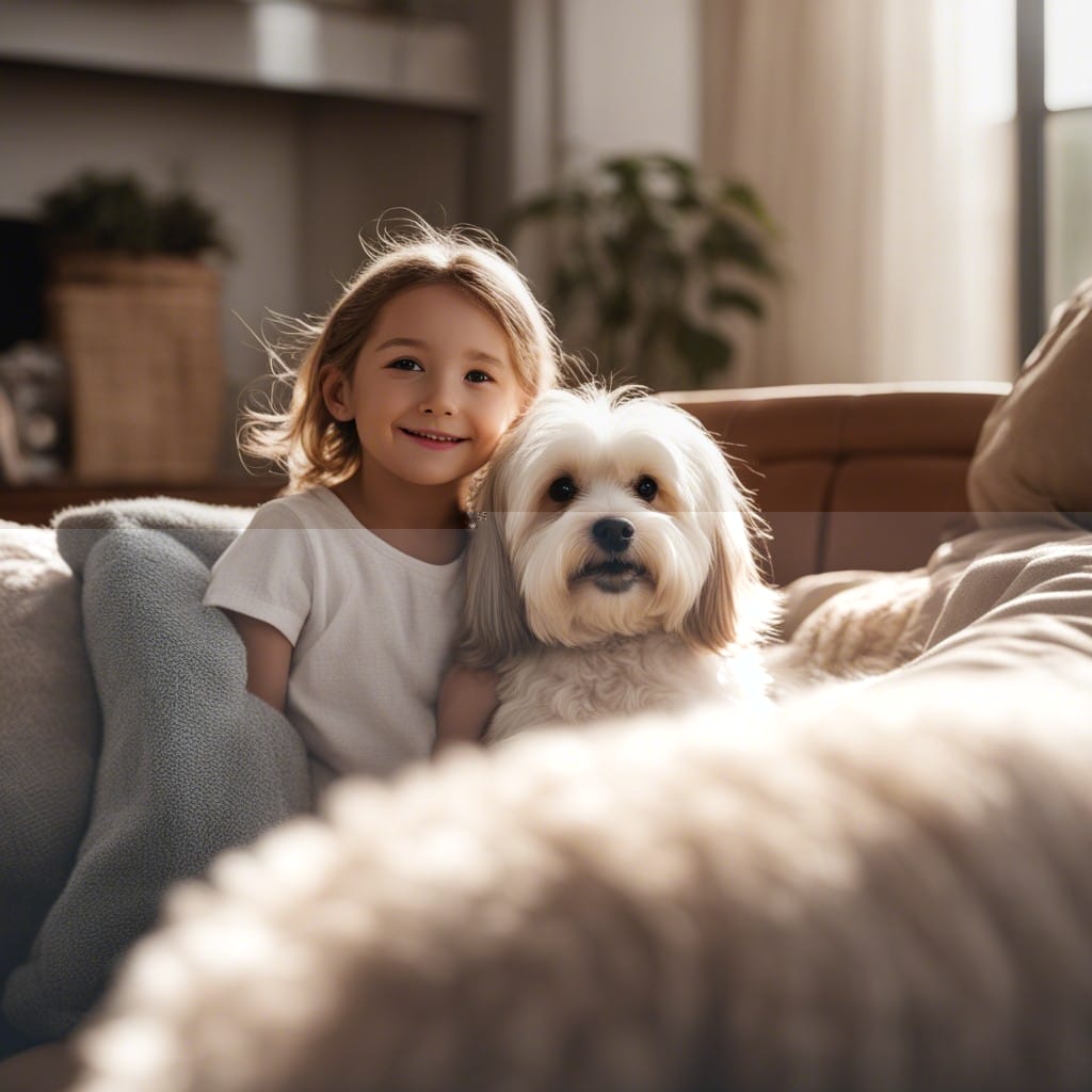 A little girl sitting on a couch with a dog.